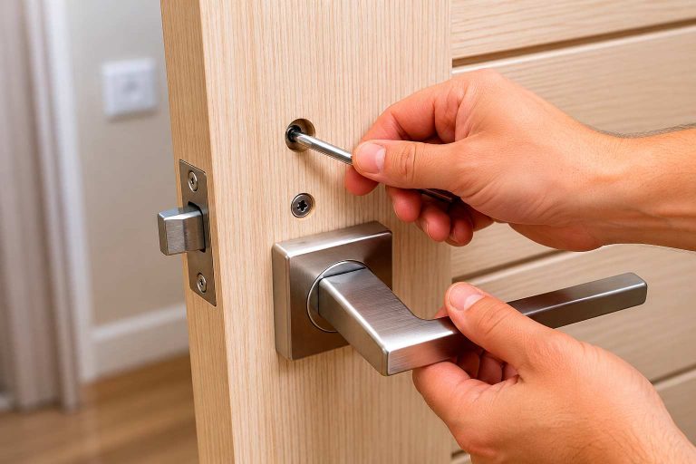 Modern stainless steel door handle installation on a light wooden interior door, with a person tightening the lock mechanism using a screwdriver during home repair or locksmith work.